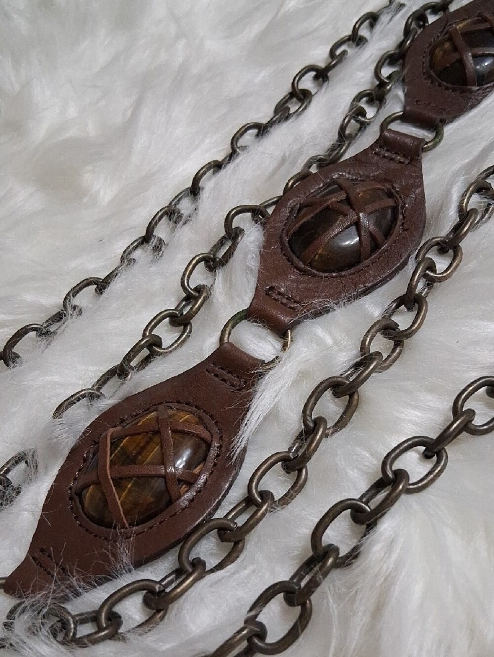 NWT J. Jill Boho Brown Leather Tassel Chain Belt-Bark Color-L/XL - Picture 2 of 6